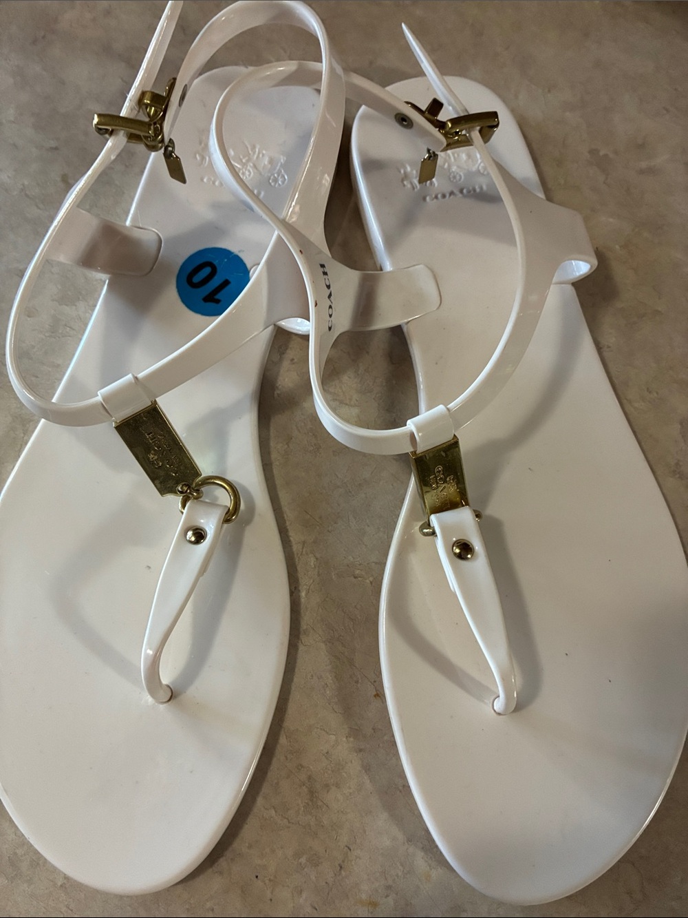 Coach White Jelly T-Strap Sandals with Gold Accents